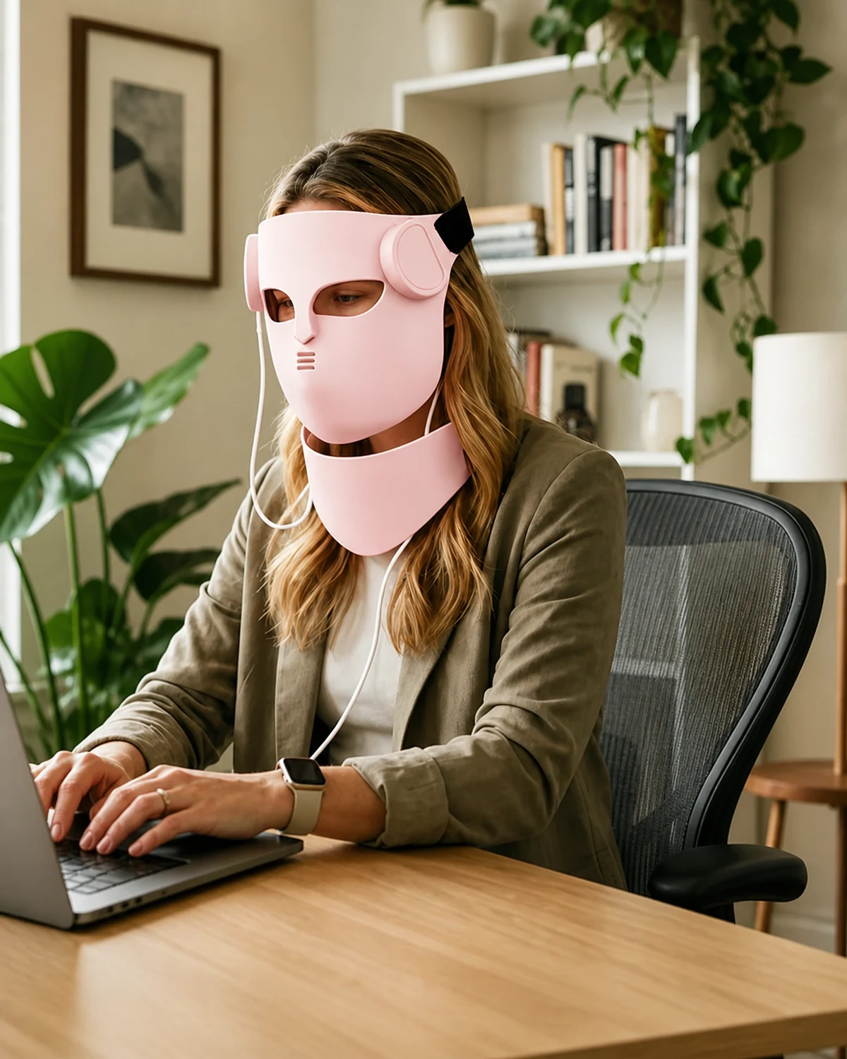 4D LED face and neck therapy system used during a work routine