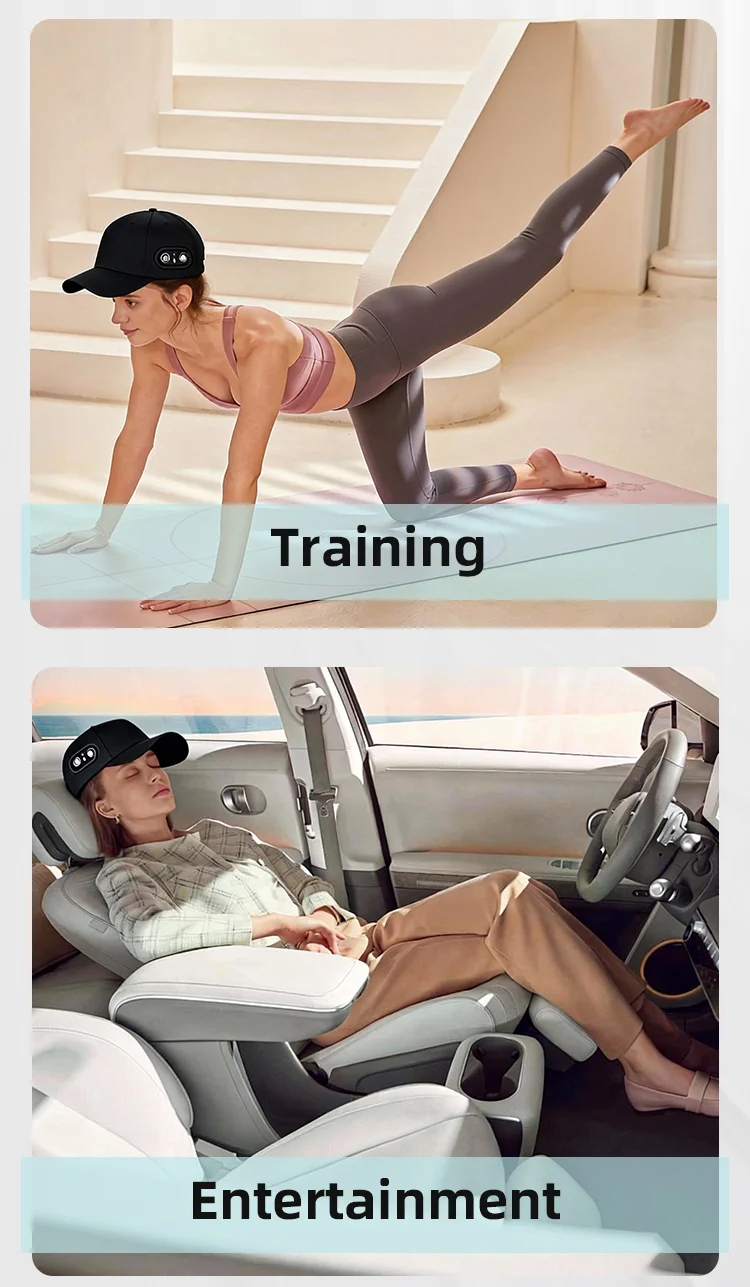 Wearable red light hair care cap shown in active and relaxed settings