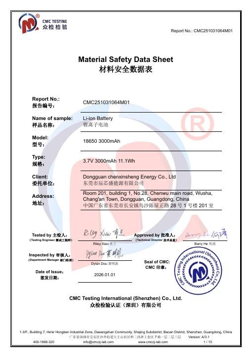 FDA 510(k) Face Mask - Battery Safety Data Sheet - CMC251031064M01 document preview