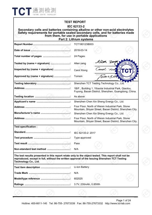 Entry-Level Face Mask - IEC 62133 Battery Test Report document preview