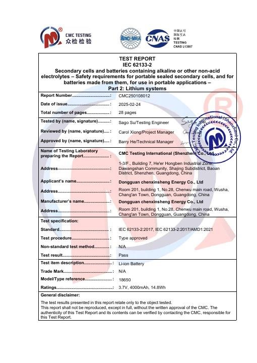 Entry-Level Face Mask - IEC 62133 Battery Test Report - CMC250108012 document preview