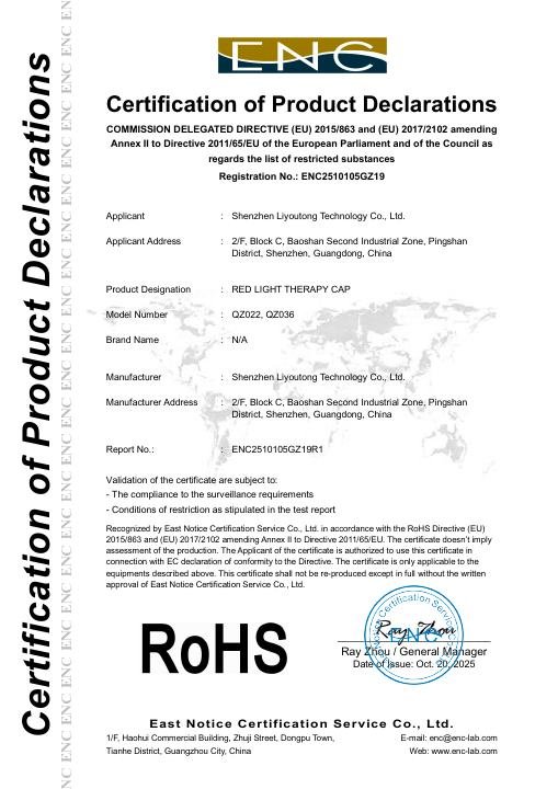 Plug-In Hair Care Cap - RoHS Certificate document preview