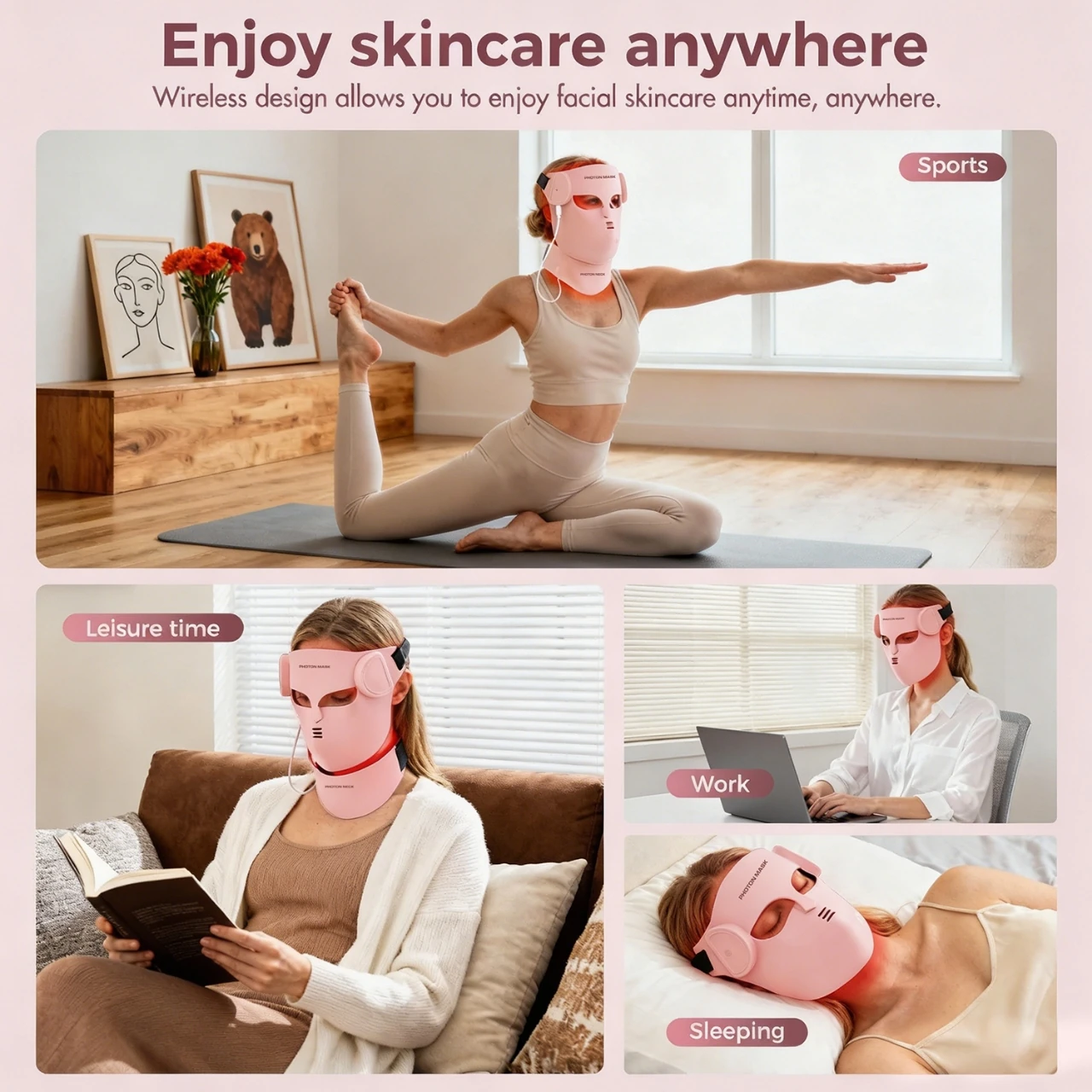 QZ041 pink 4D face and neck light therapy set shown during sports, leisure, work and rest