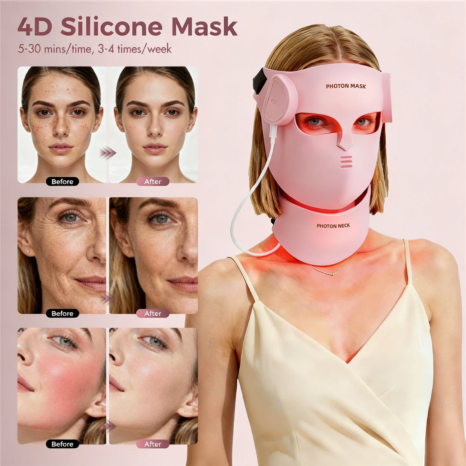 4D silicone face and neck mask with application and before-and-after presentation