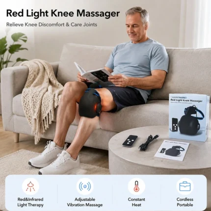 Man using the QZ035 red light knee wrap at home with included accessories